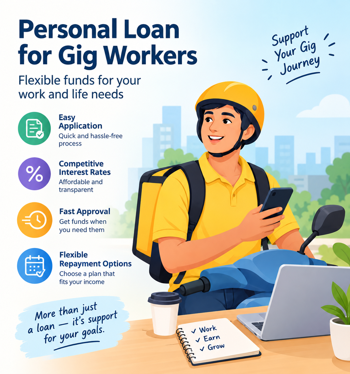 Personal loan for gig workers in India featuring a delivery partner with a scooter and smartphone, highlighting easy loan application, competitive interest rates, quick approval, and flexible repayment options.